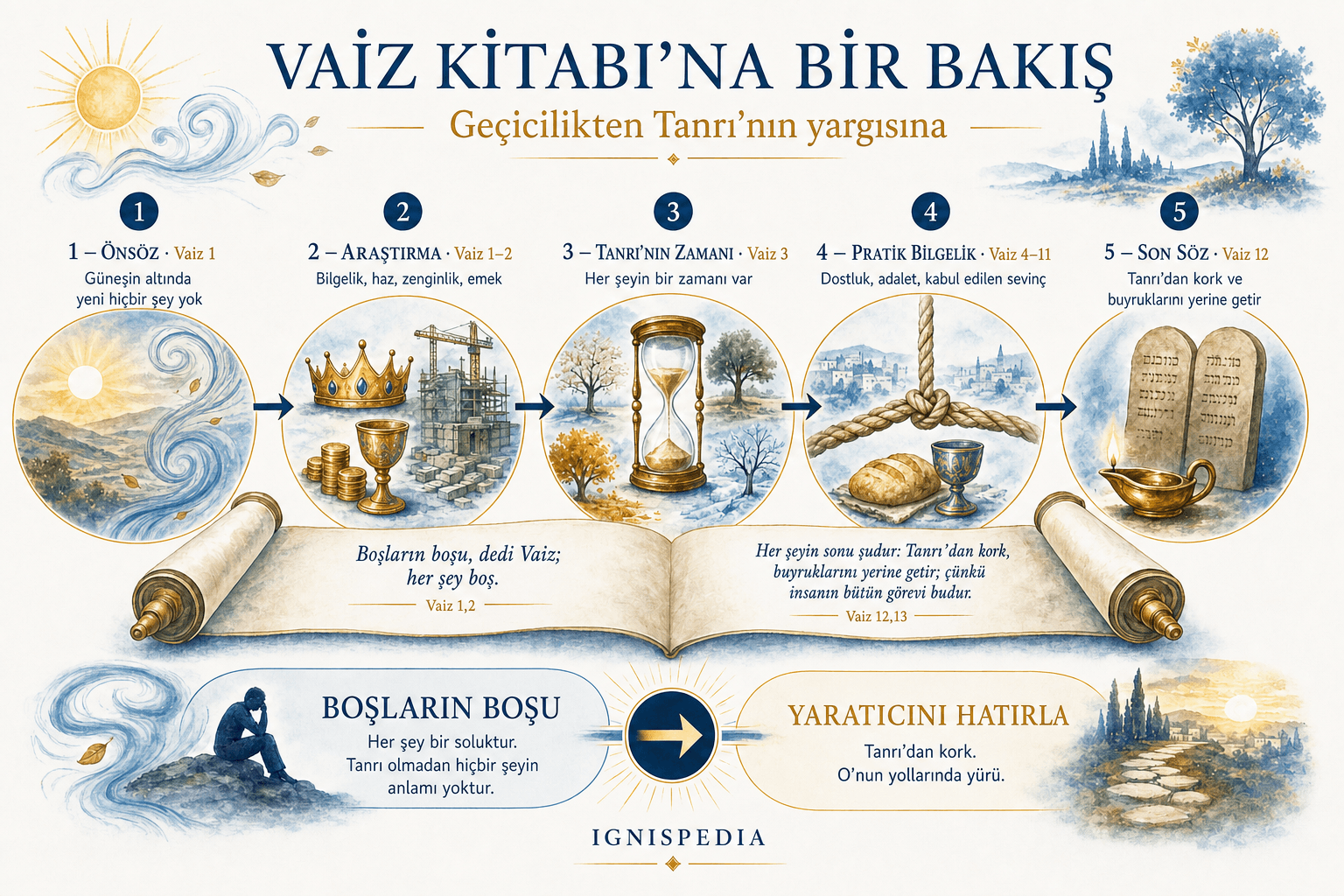 Vaiz Kitabı'nın yapısını gösteren infografik: önsöz, Kohelet'in araştırması, pratik bilgelik, yaşlılık şiiri ve son söz