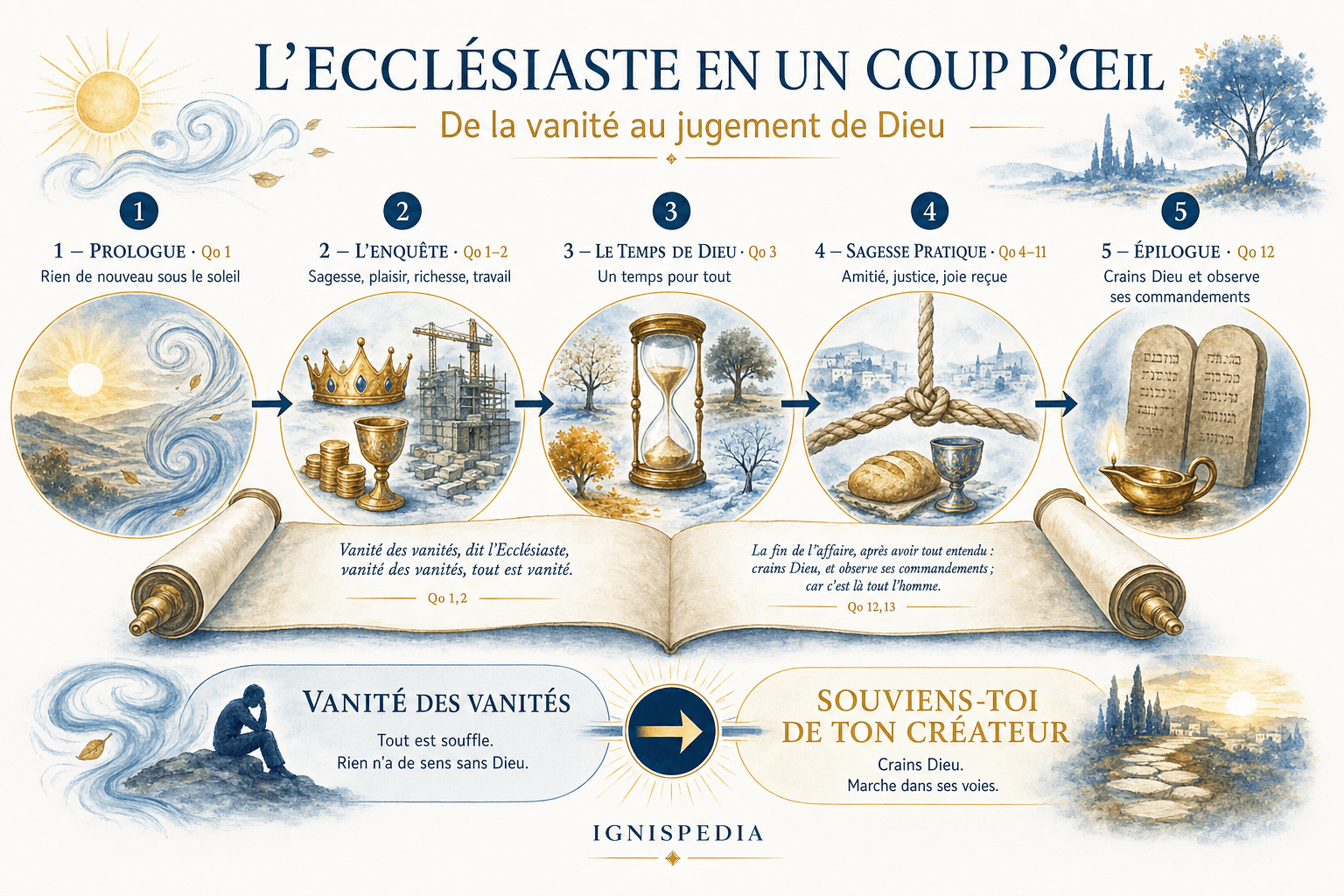 Infographie de l'architecture du livre de l'Ecclésiaste : prologue, enquête de Qohélet, sagesse pratique, poème de la vieillesse, épilogue