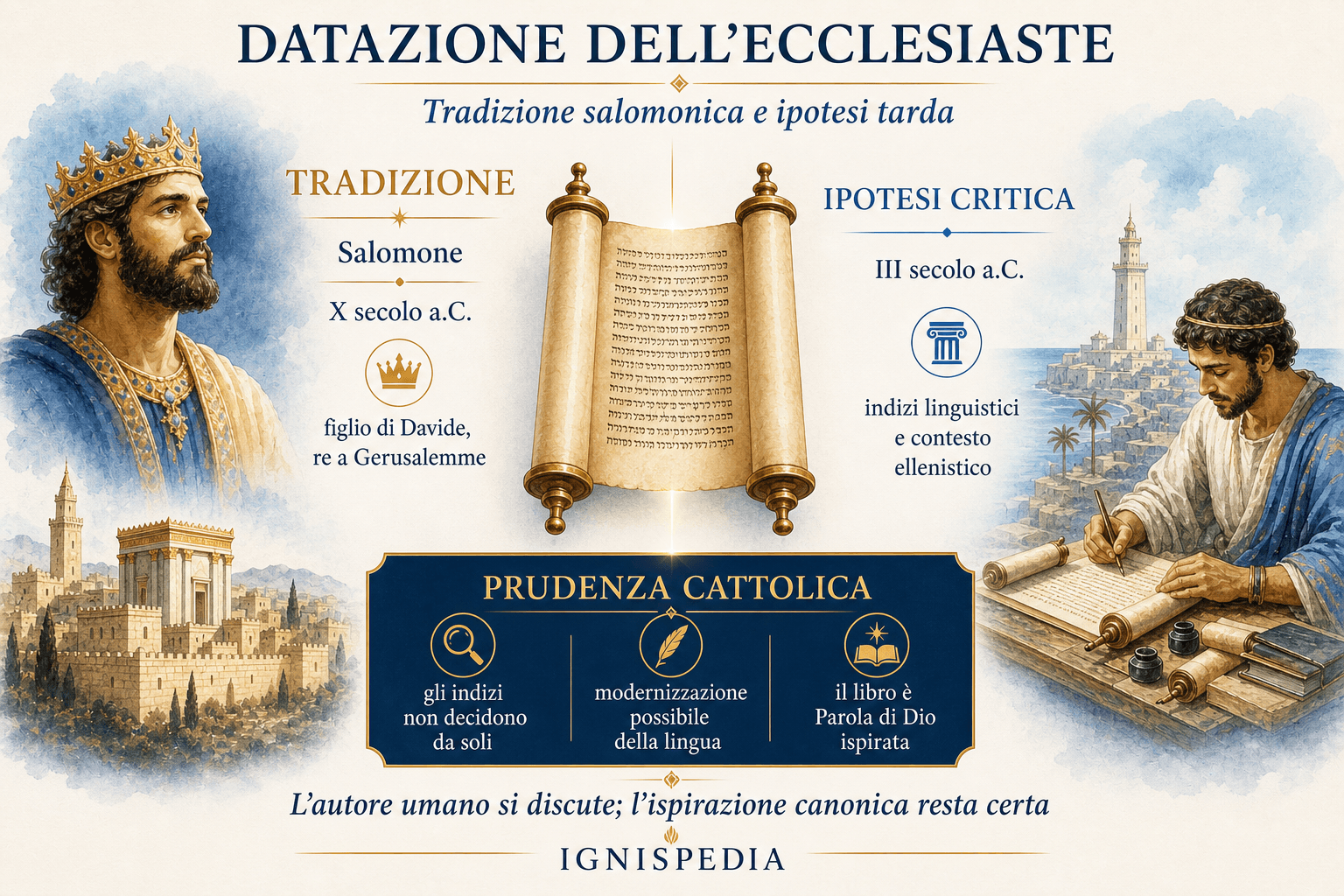 Infografica che confronta la tradizione salomonica e la datazione critica dell'Ecclesiaste al III secolo avanti Cristo