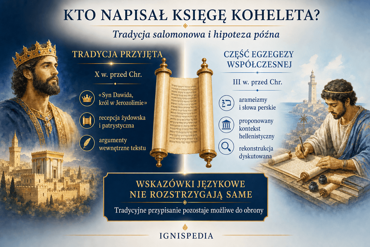 Infografika porównująca tradycję salomonową i krytyczną datację Księgi Koheleta na III wiek przed Chrystusem