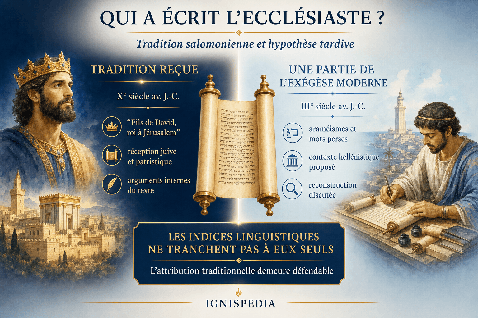 Infographie comparant la tradition salomonienne et la datation critique de l'Ecclésiaste au IIIe siècle avant Jésus-Christ