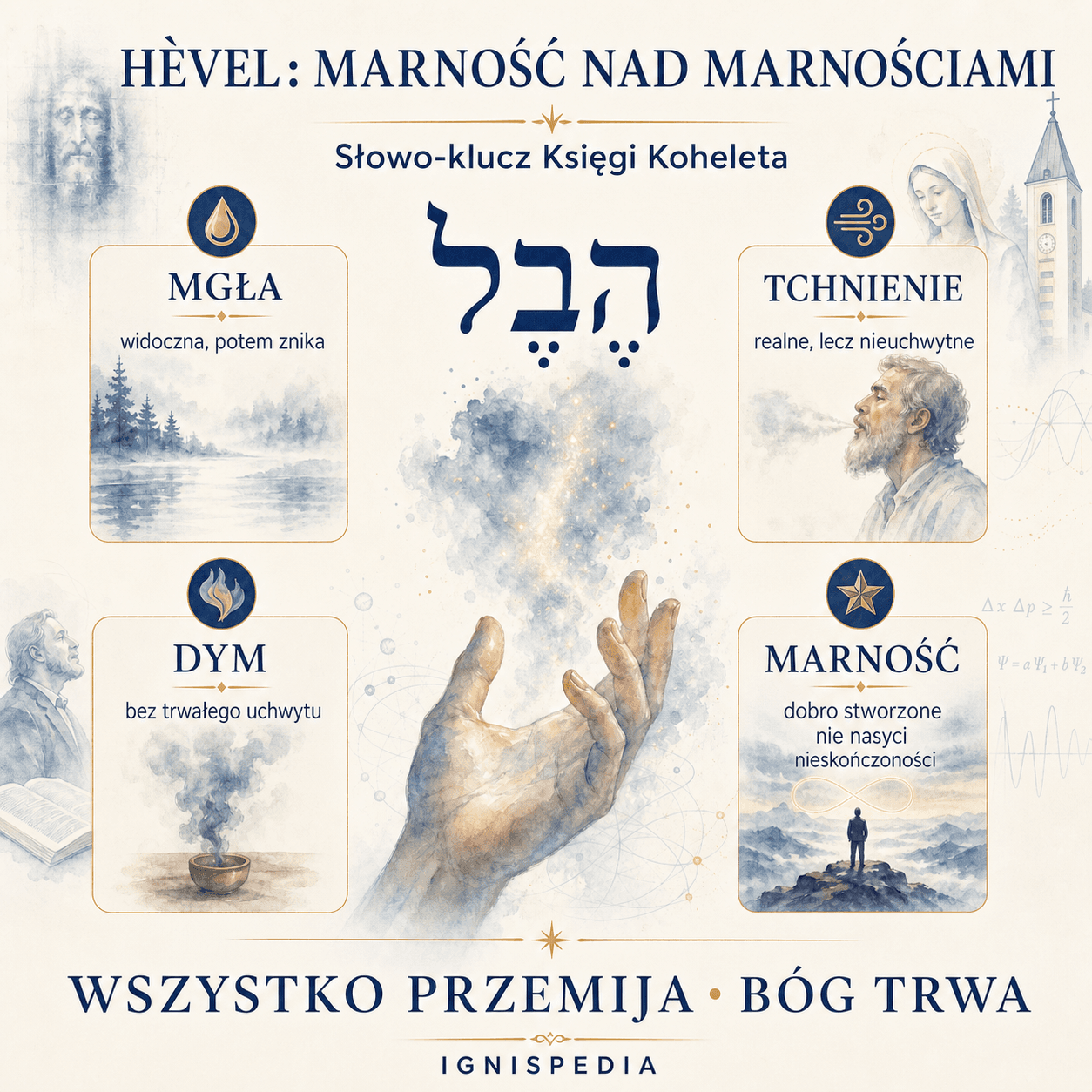 Infografika wyjaśniająca hebrajskie słowo hèvèl: mgła, tchnienie, dym, tłumaczone jako „marność”