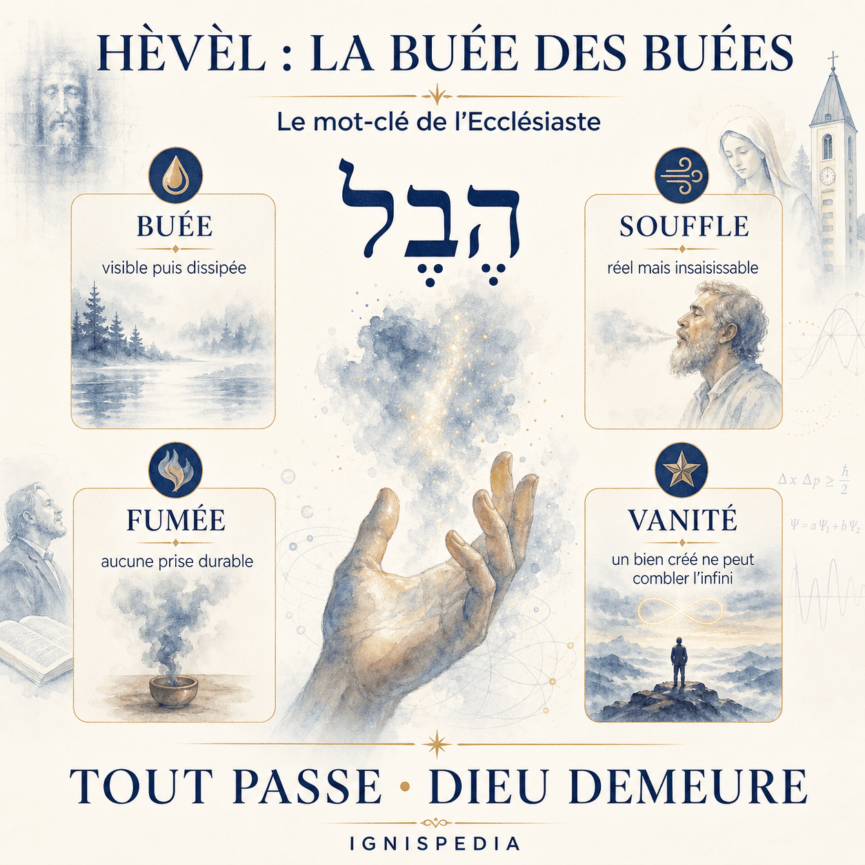 Infographie expliquant le mot hébreu hèvèl : buée, souffle, vapeur, fumée — traduit par « vanité »