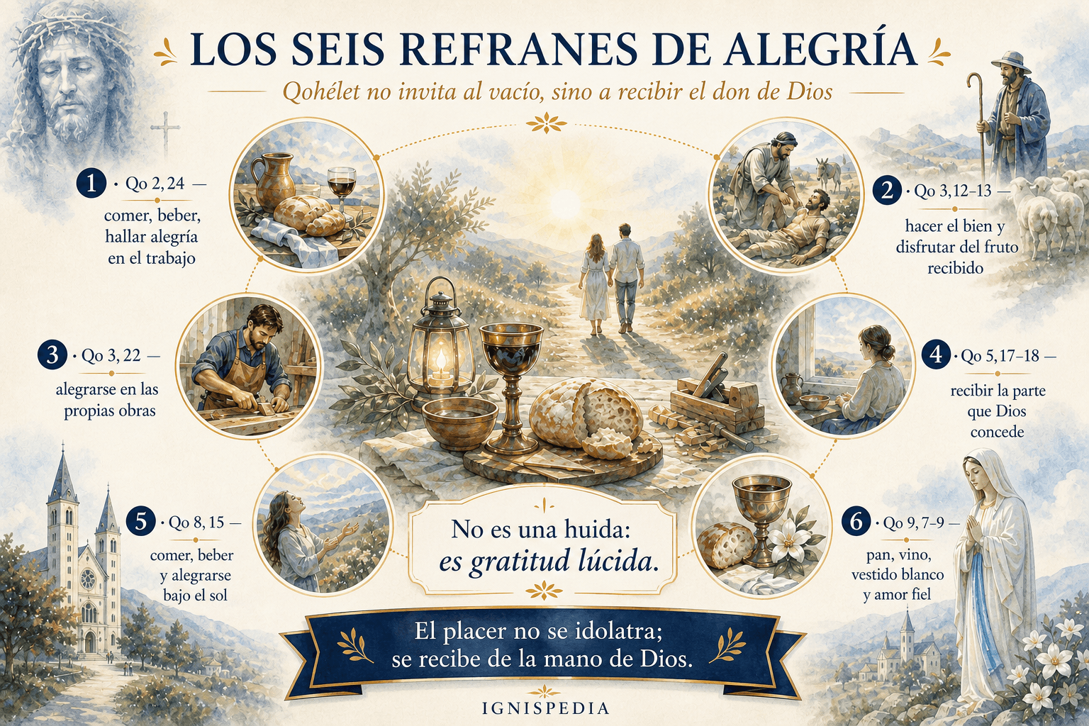 Infografía de los seis refranes de alegría del Eclesiastés: comer, beber y encontrar la felicidad en el trabajo como dones de Dios