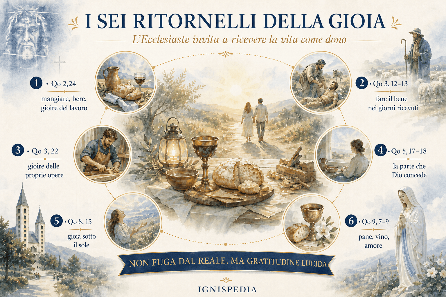 Infografica dei sei ritornelli di gioia dell'Ecclesiaste: mangiare, bere e trovare felicità nel lavoro come doni di Dio