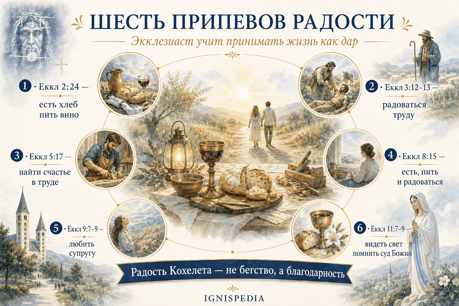 Инфографика шести припевов радости Экклезиаста: есть, пить и находить счастье в труде как дарах Бога