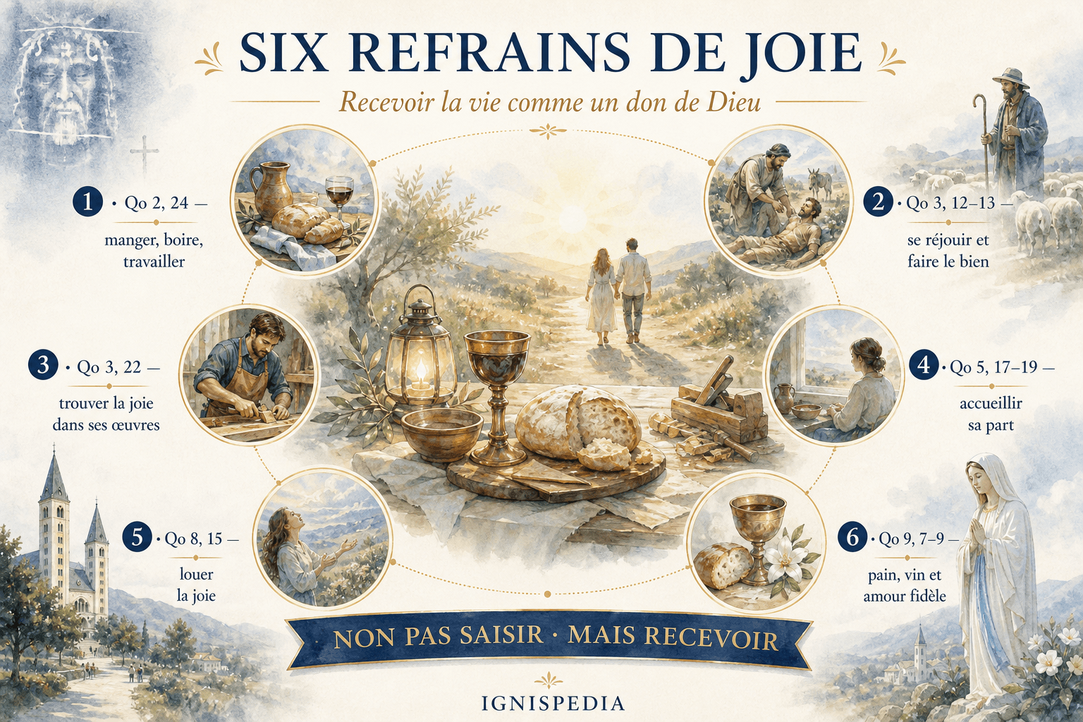 Infographie des sept refrains de joie de l'Ecclésiaste : manger, boire et trouver le bonheur dans le travail comme dons de Dieu