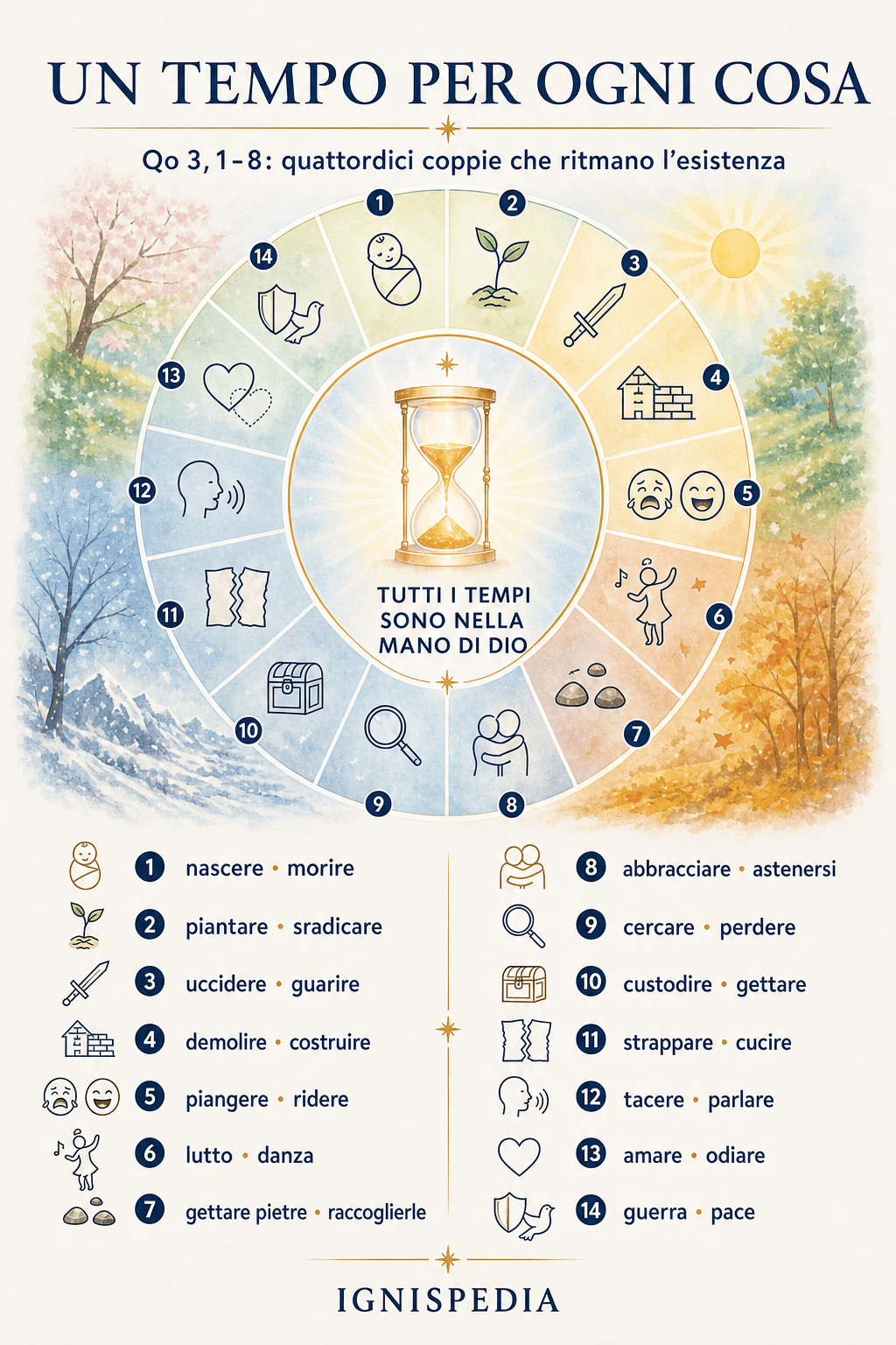 Infografica del poema « Un tempo per ogni cosa » dell'Ecclesiaste 3, con le quattordici coppie di opposti