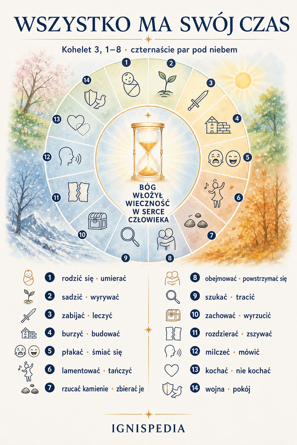 Infografika poematu „Wszystko ma swój czas” z Koheleta 3, z czternastoma parami przeciwieństw