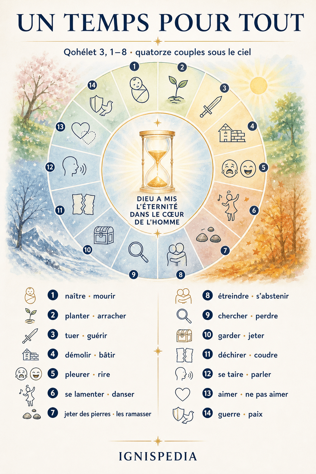 Infographie du poème « Un temps pour tout » de l'Ecclésiaste 3, avec les quatorze couples d'opposés