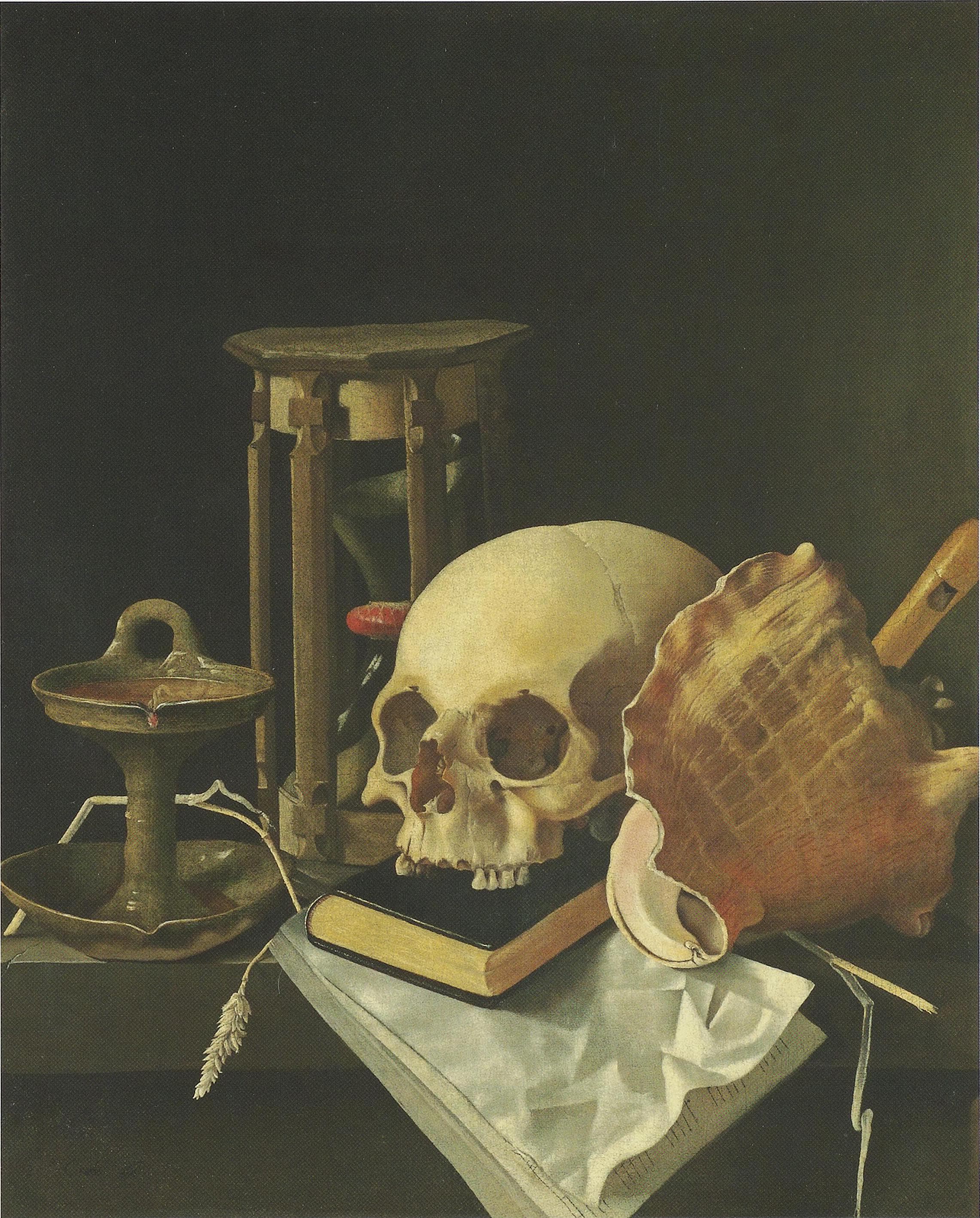 Vanitas still life with skull, oil lamp and hourglass, illustrating the theme “vanity of vanities”