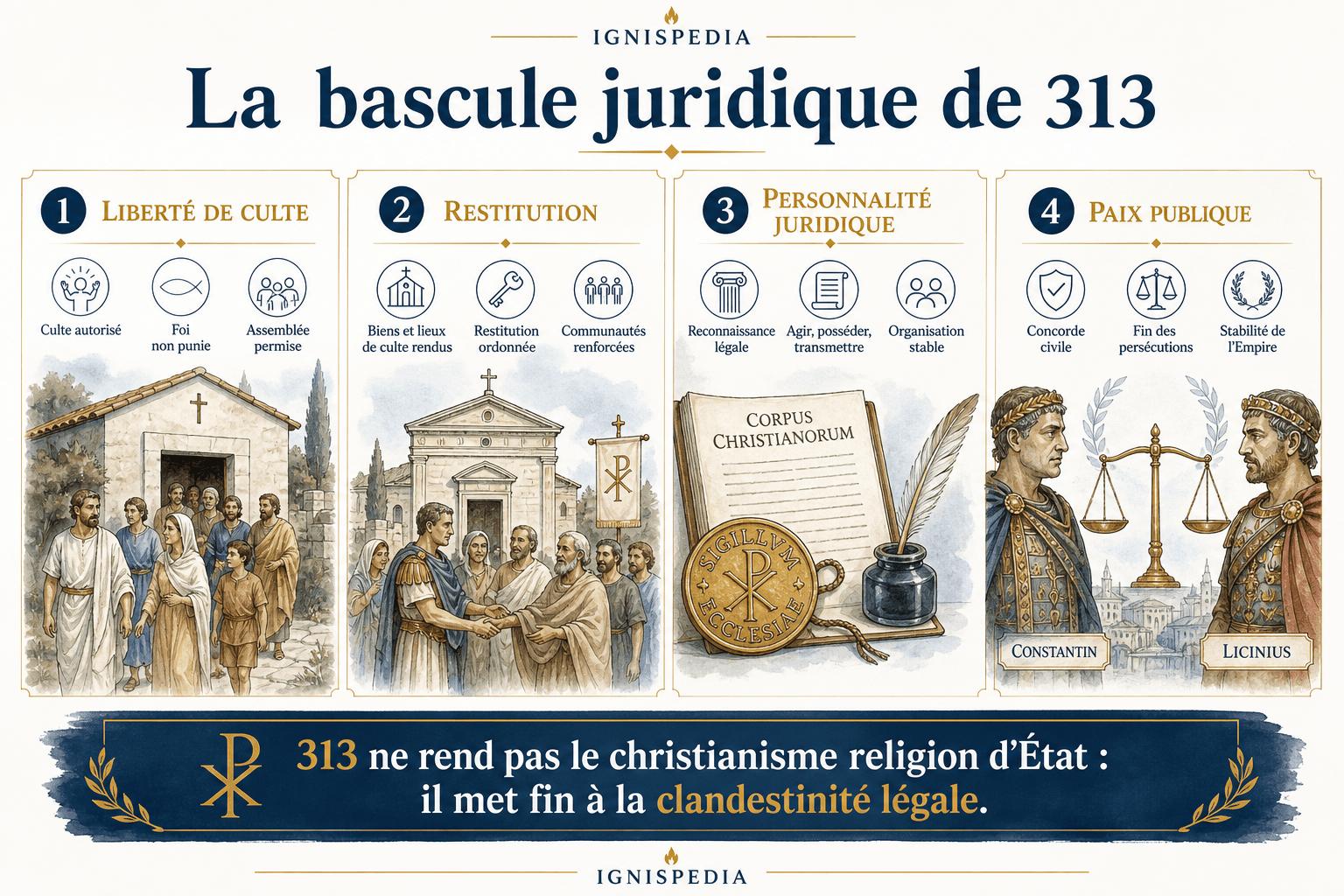 Infographie sur les quatre effets juridiques de l'édit de Milan : liberté de culte, restitution, personnalité juridique, paix publique