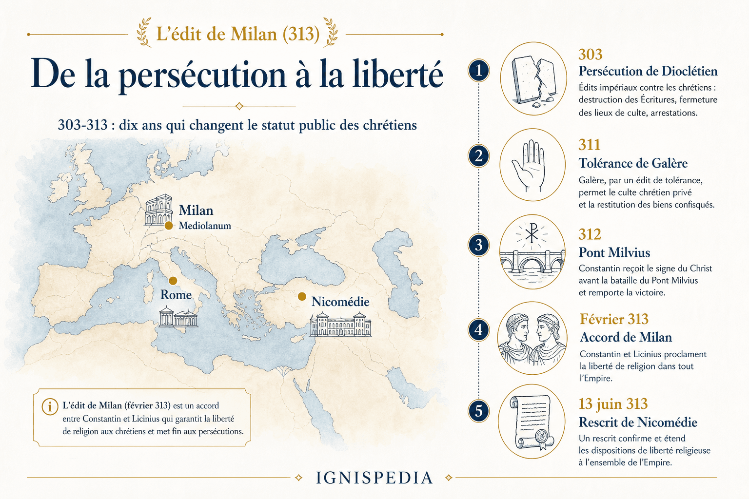 Infographie chronologique de 303 à 313, de la persécution de Dioclétien au rescrit de Nicomédie