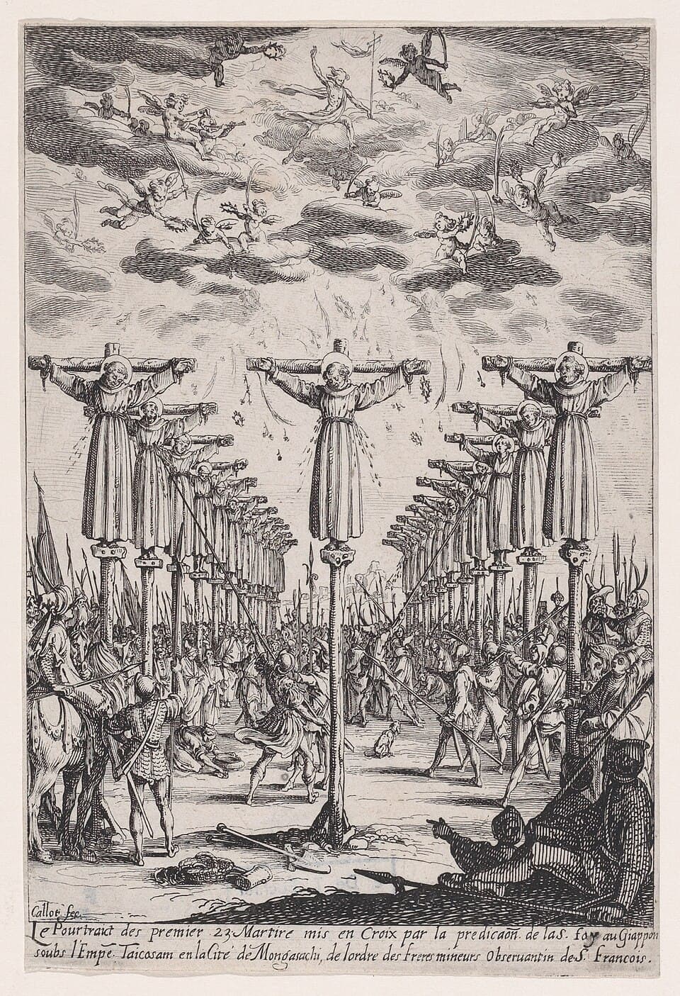 Die 26 Märtyrer von Nagasaki, gekreuzigt am 5. Februar 1597, Stich von Jacques Callot