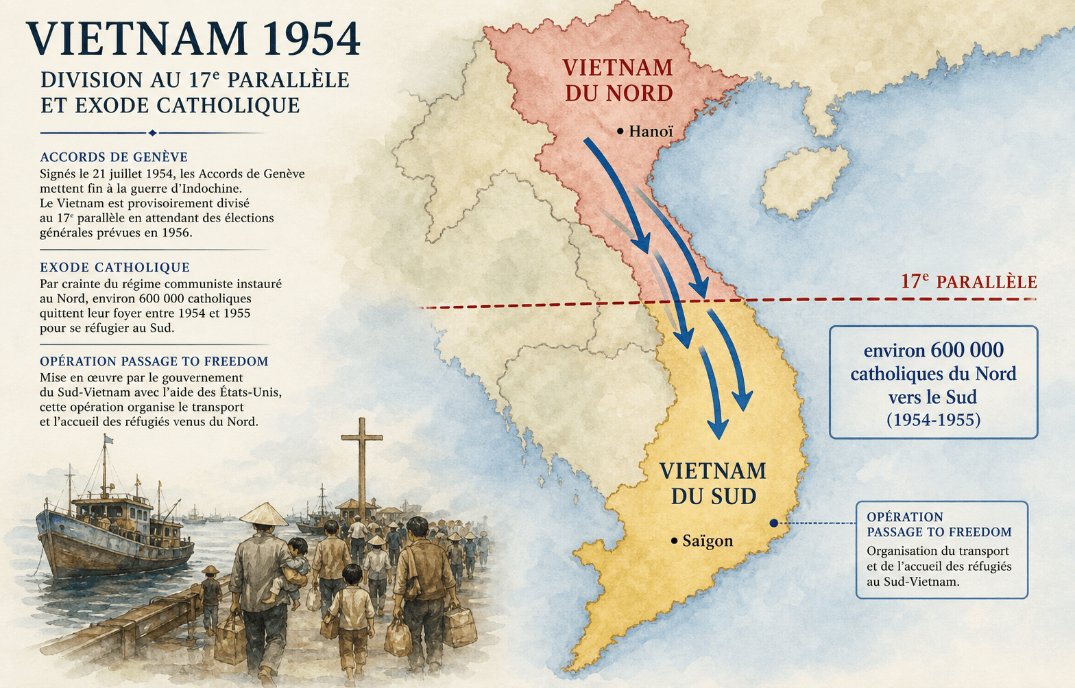 Carte du Vietnam en 1954 montrant la division au 17e parallèle et l'exode catholique vers le Sud