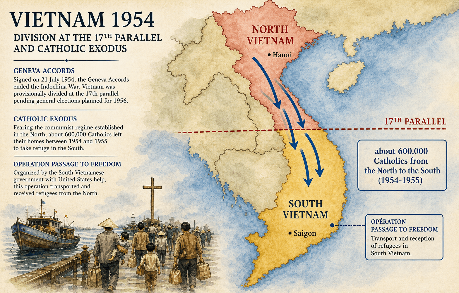Map of Vietnam in 1954 showing division at the 17th parallel and the Catholic exodus to the South