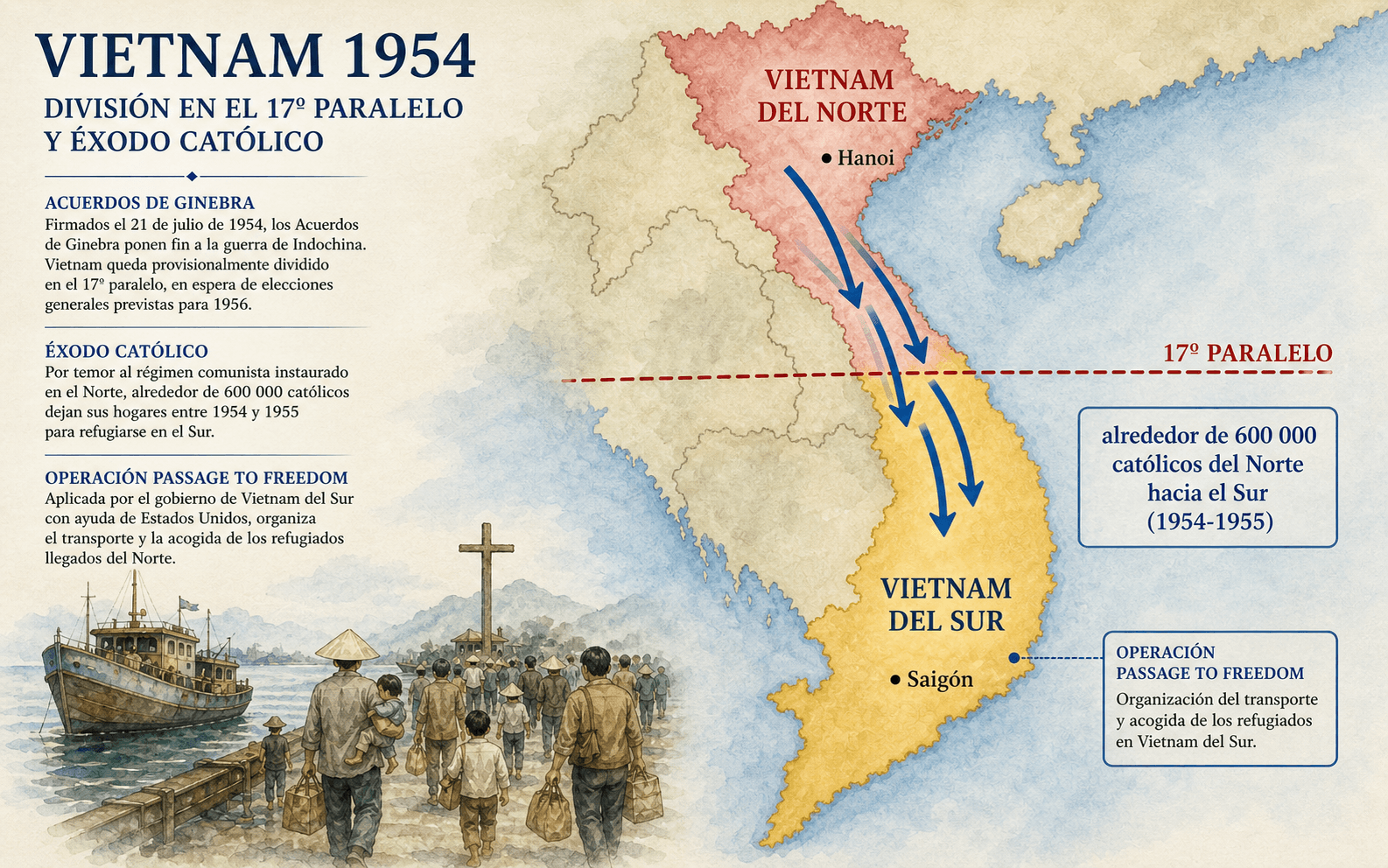 Mapa de Vietnam en 1954 mostrando la división en el paralelo 17 y el éxodo católico hacia el Sur