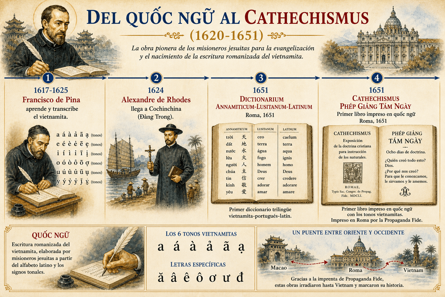 Infografía sobre el nacimiento del quốc ngữ y las publicaciones romanas de 1651