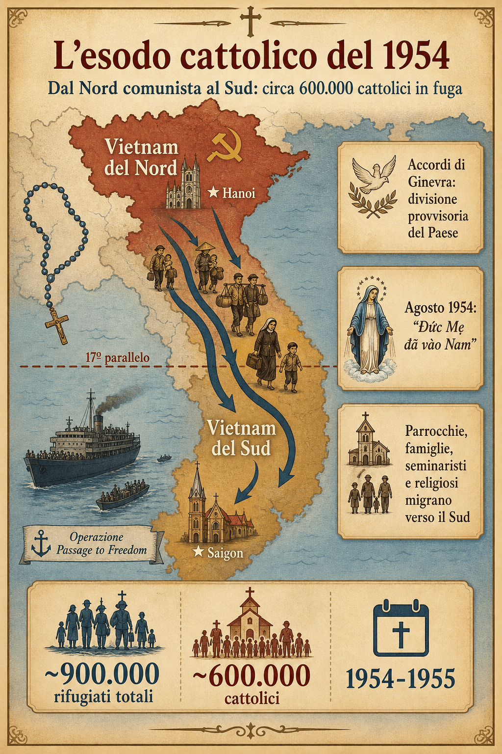 Carta del Vietnam nel 1954 che mostra la divisione al 17° parallelo e l’esodo cattolico verso il Sud