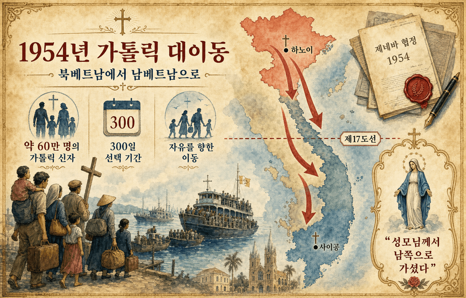 1954년 베트남 지도, 17도선 분단과 가톨릭 신자들의 남부 대이동