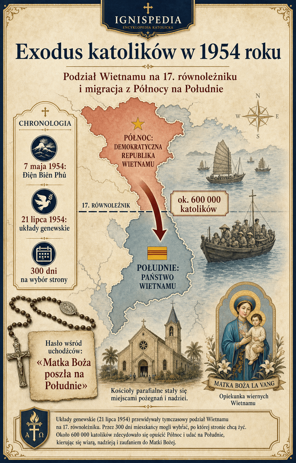 Mapa Wietnamu z 1954 roku pokazująca podział na 17. równoleżniku i katolicką emigrację na południe
