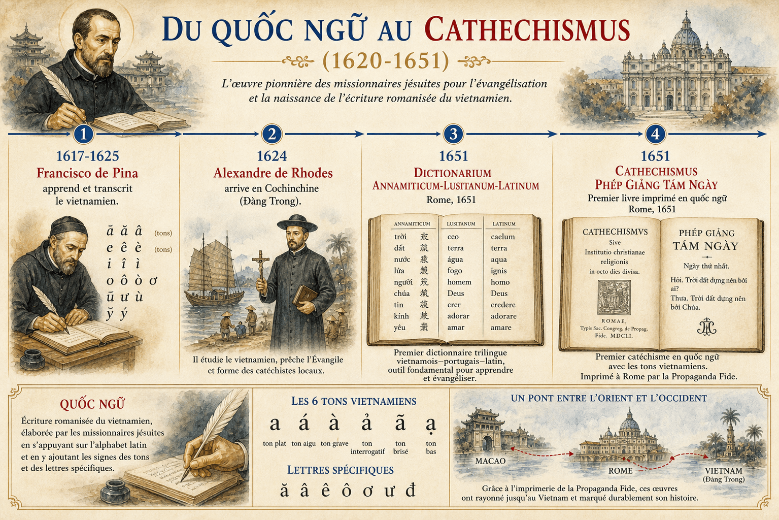 Infographie sur la naissance du quốc ngữ et les publications romaines de 1651