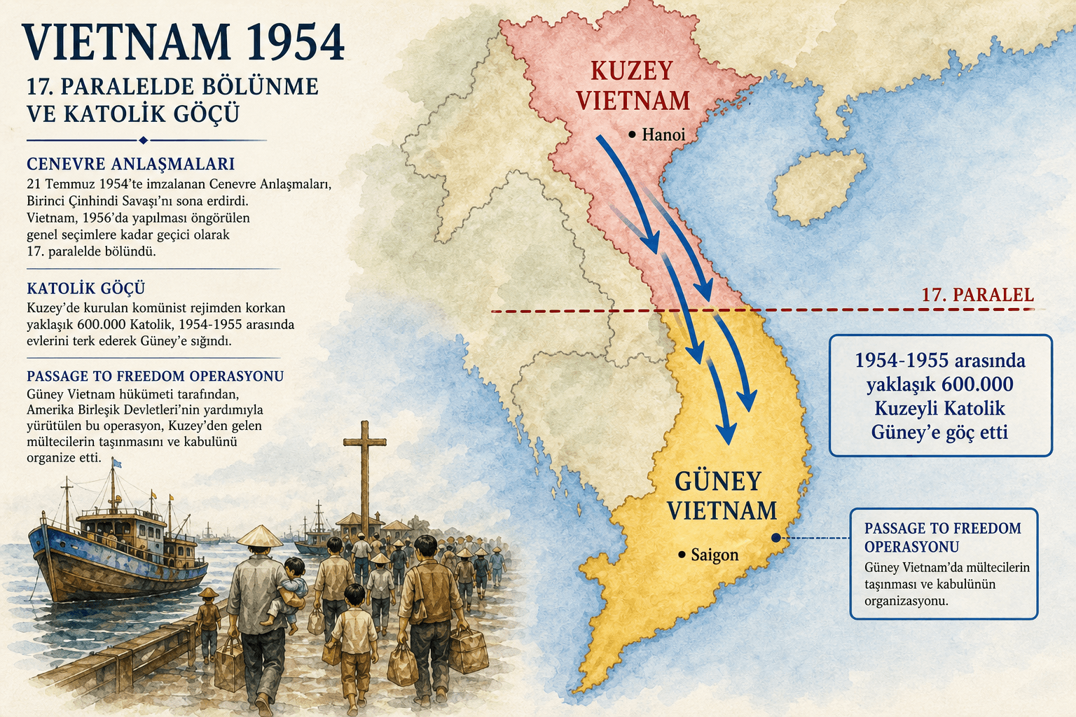 1954 Vietnam haritası, 17. paralelde bölünme ve Katoliklerin güneye göçü