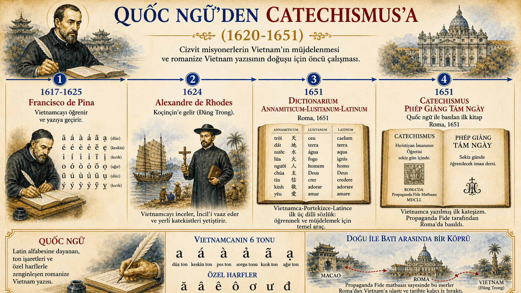 quốc ngữ'nun doğuşu ve 1651 Roma yayınları hakkında infografik