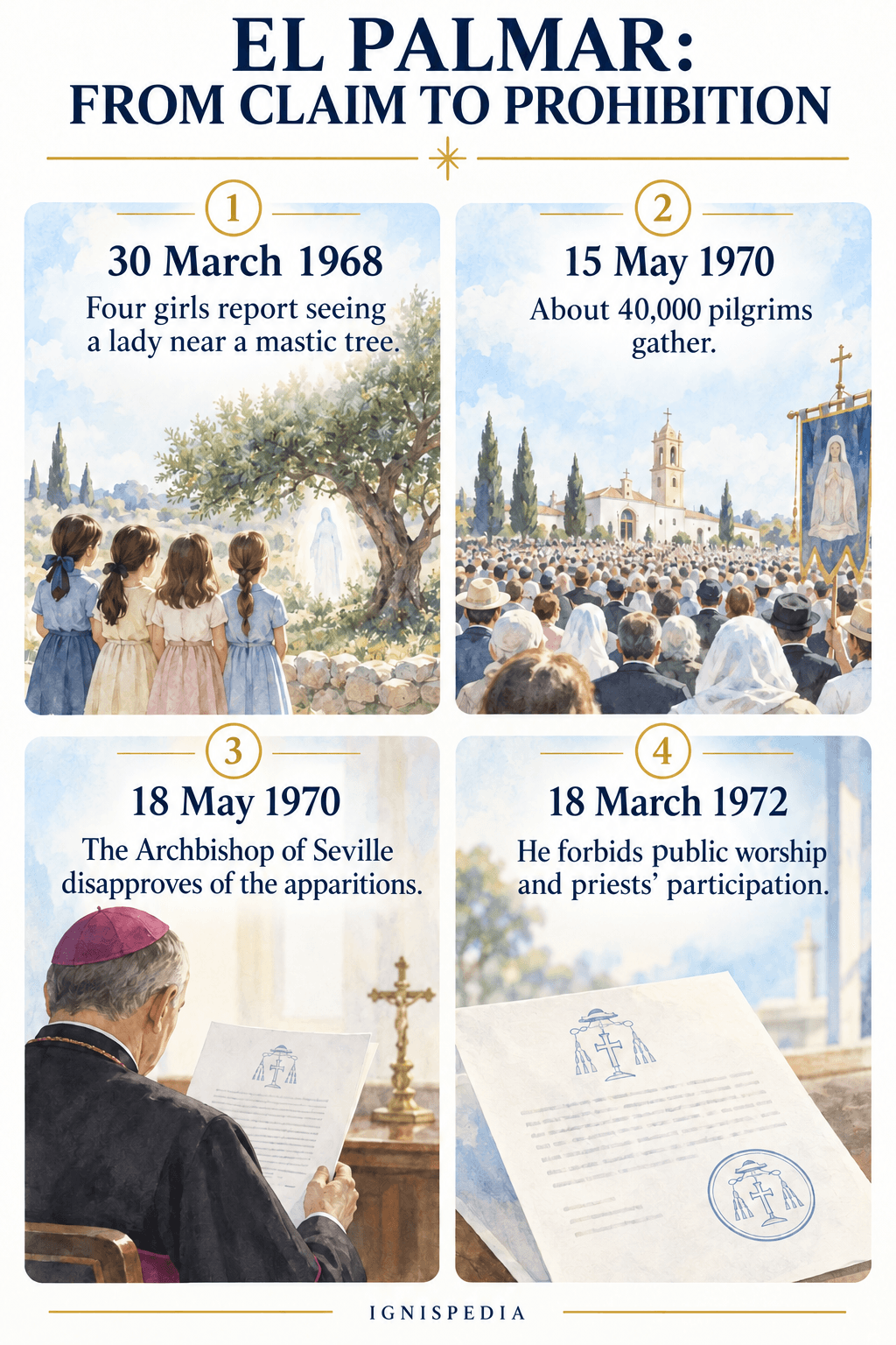 Timeline of the alleged apparitions and the decisions of the Archbishop of Seville between 1968 and 1972