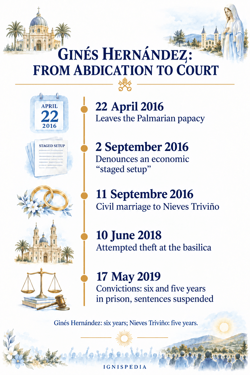 Timeline of Ginés Hernández between his departure from the Palmarian papacy in 2016 and his conviction in 2019