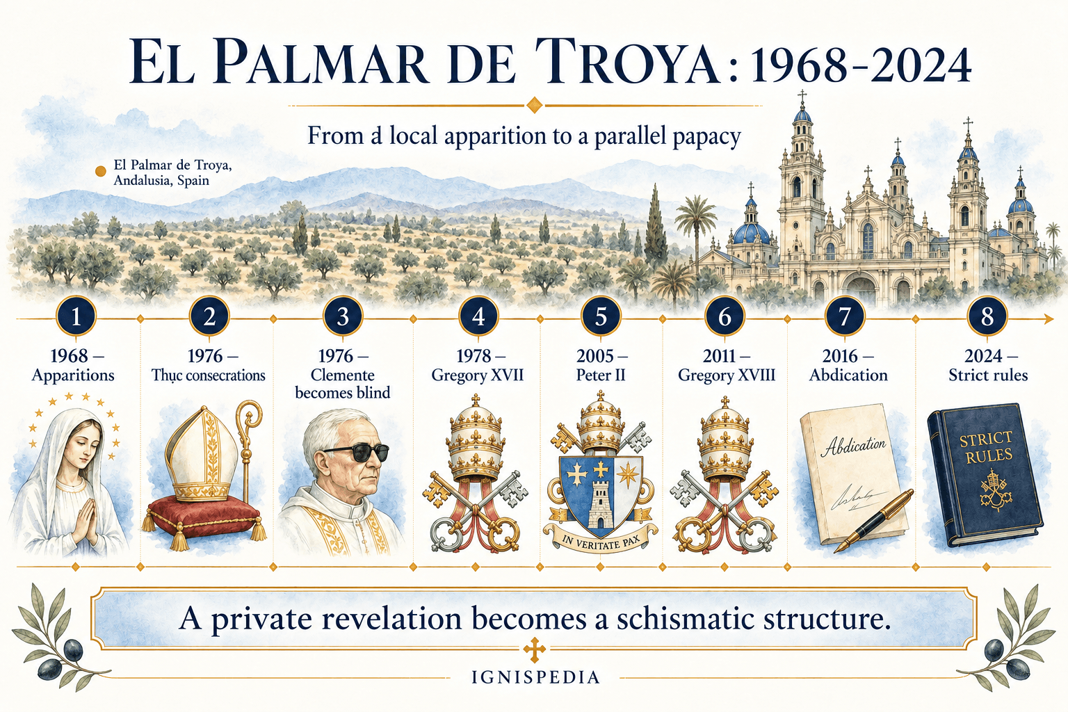 Illustrated timeline of the Palmarian movement between 1968 and 2024