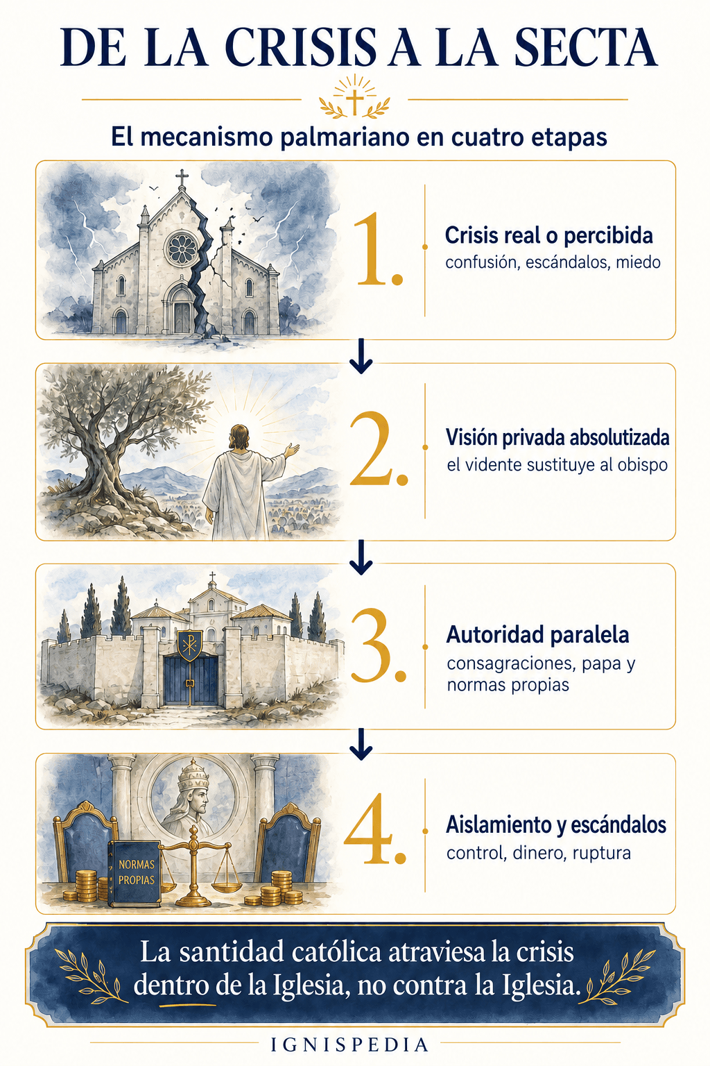 Esquema en cuatro etapas del paso de una crisis eclesial a una estructura sectaria
