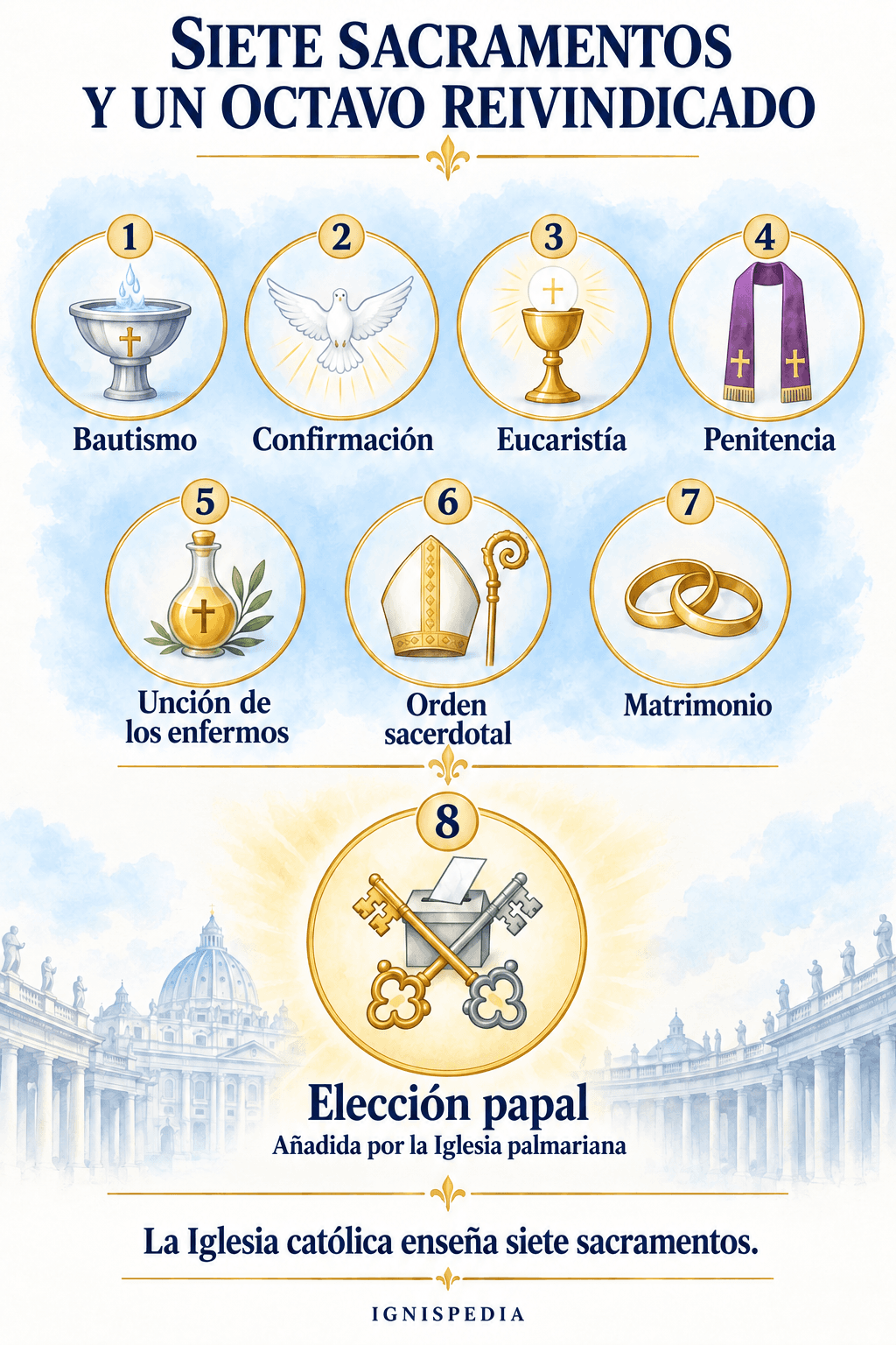 Los siete sacramentos católicos y la elección papal añadida como octavo sacramento por el movimiento palmariano