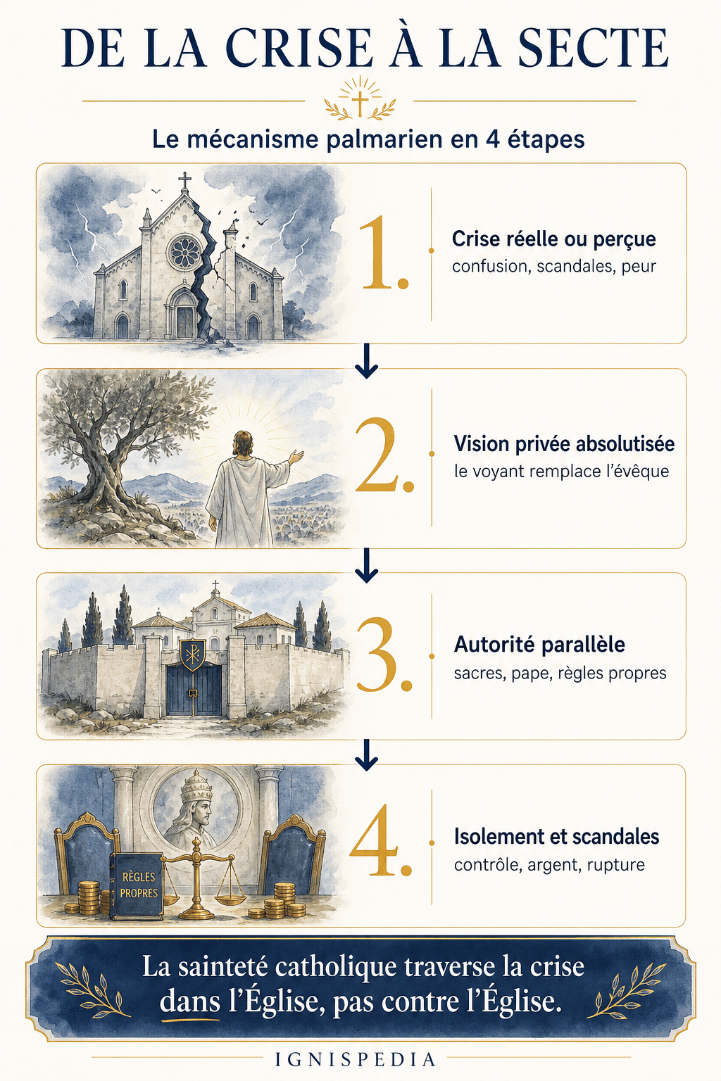 Schéma en quatre étapes du passage d'une crise ecclésiale à une structure sectaire