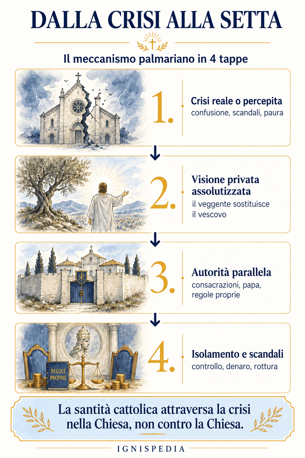 Schema in quattro fasi del passaggio da una crisi ecclesiale a una struttura settaria