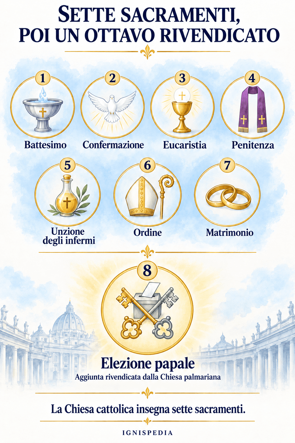 I sette sacramenti cattolici e l'elezione papale aggiunta come ottavo sacramento dal movimento palmariense