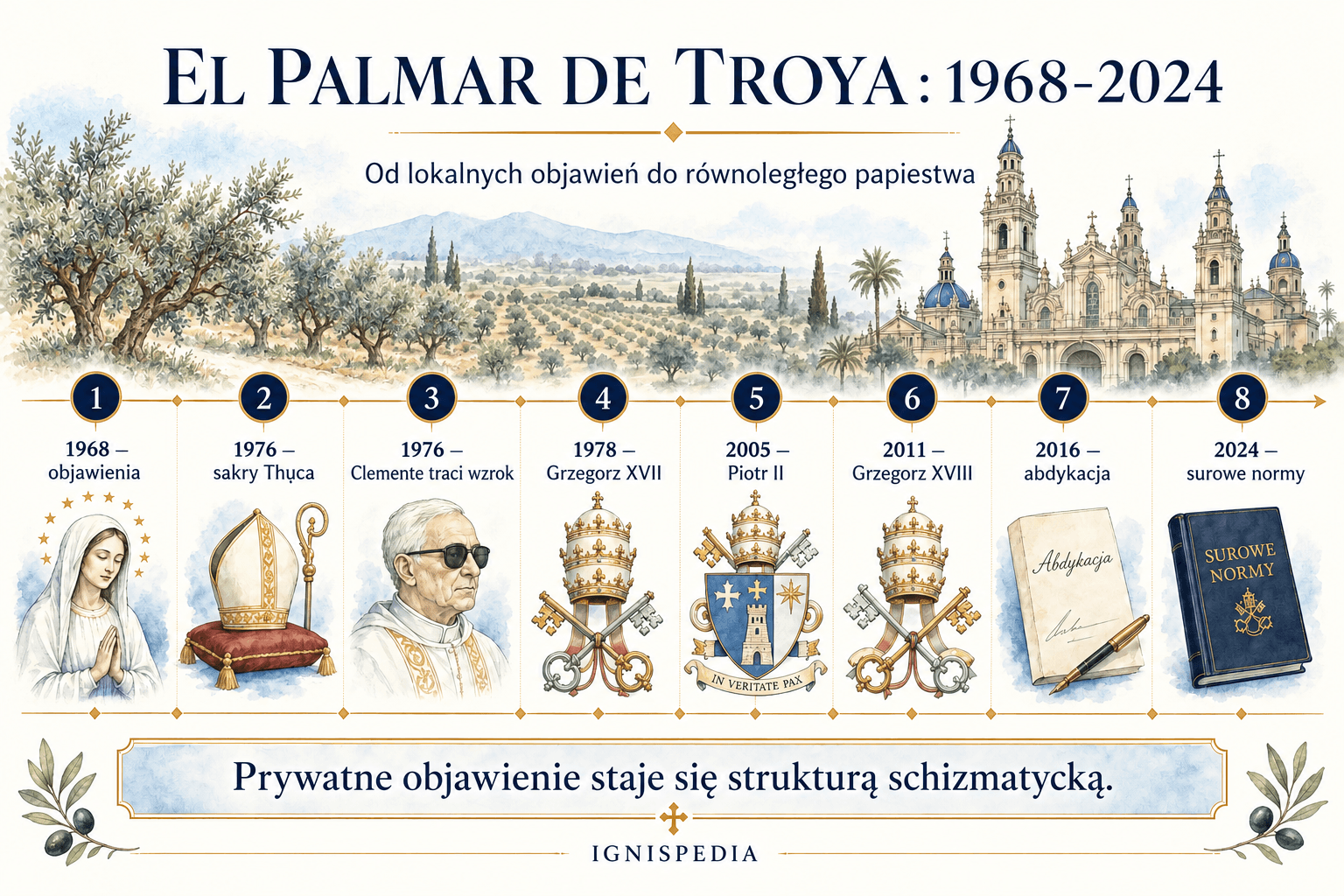 Ilustrowana oś czasu ruchu palmariańskiego w latach 1968–2024