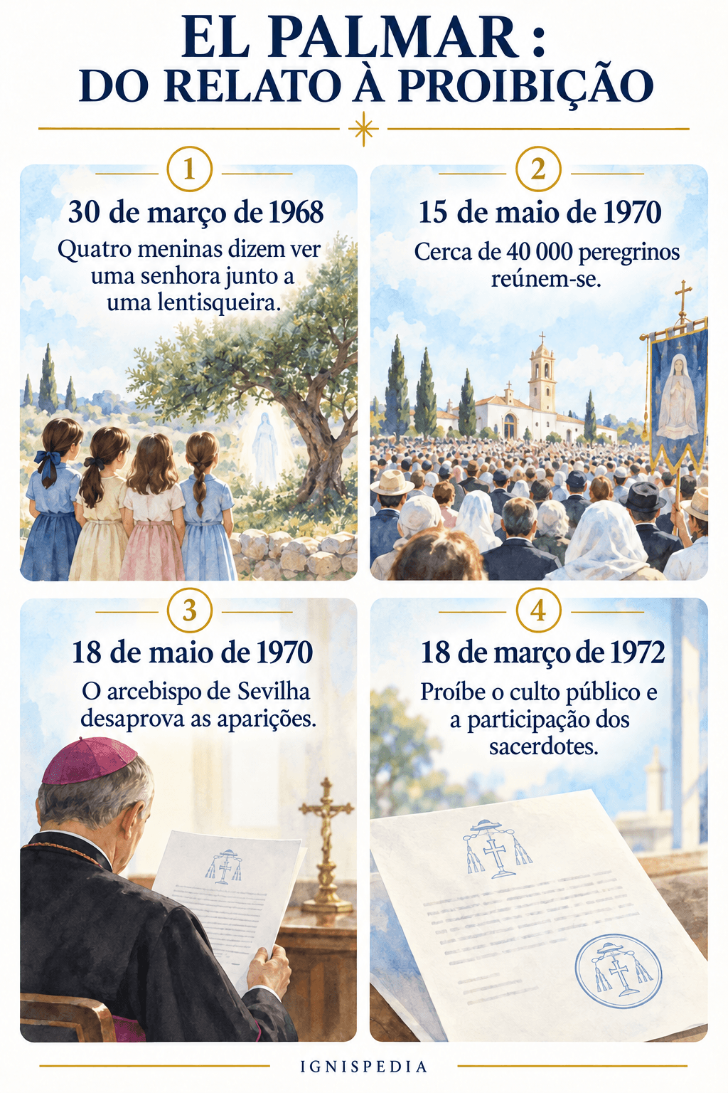 Cronologia das alegadas aparições e das decisões do arcebispo de Sevilha entre 1968 e 1972