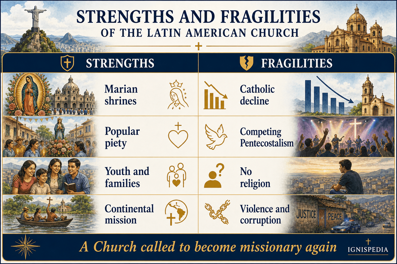 Two-column infographic presenting the strengths and weaknesses of the contemporary Latin American Church