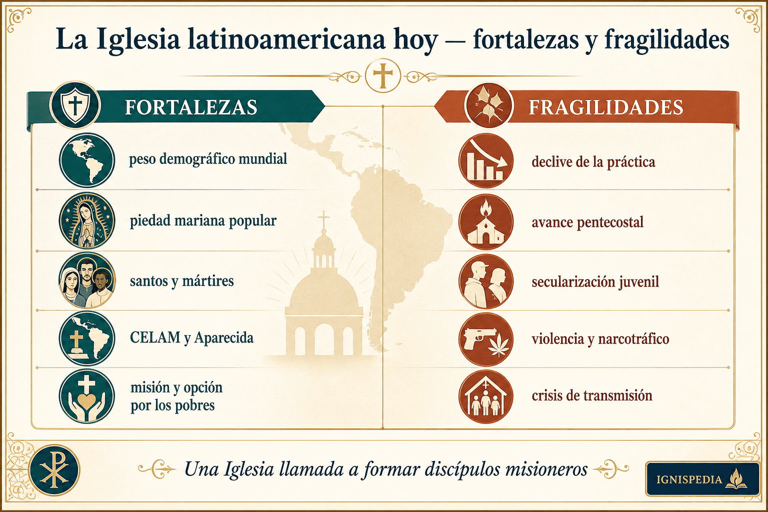 Infografía a dos columnas que presenta las fortalezas y debilidades de la Iglesia latinoamericana contemporánea
