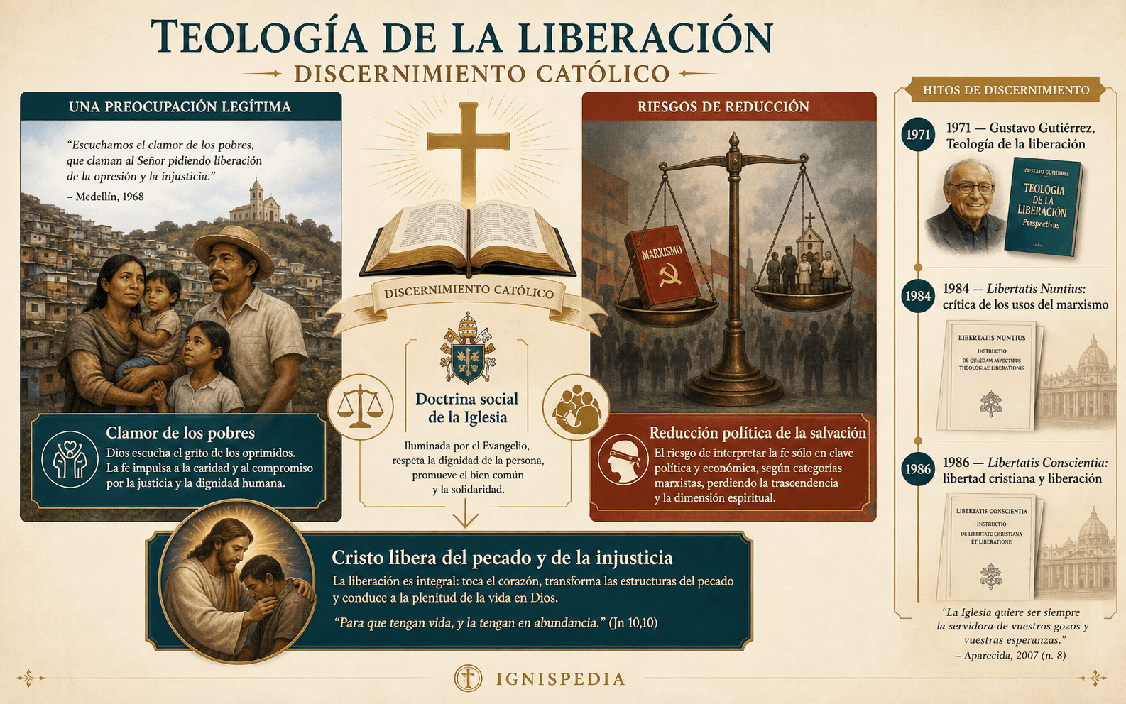Infografía analítica sobre la teología de la liberación, sus corrientes y el discernimiento romano