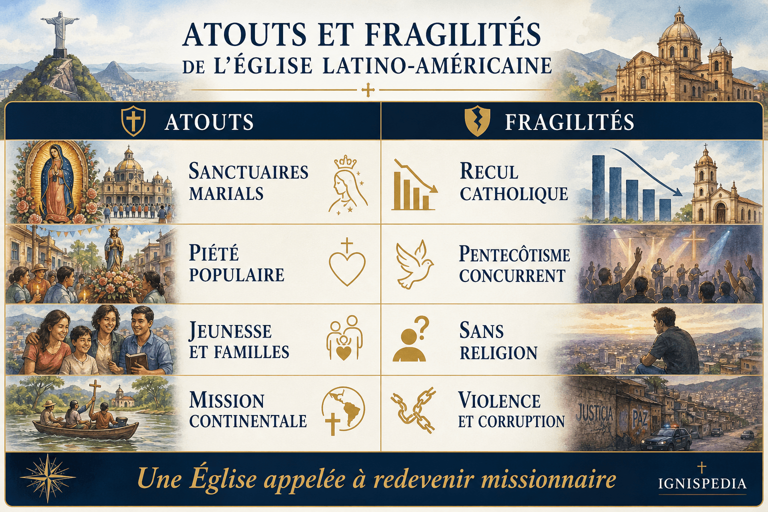 Infographie en deux colonnes présentant les atouts et les fragilités de l'Église latino-américaine contemporaine