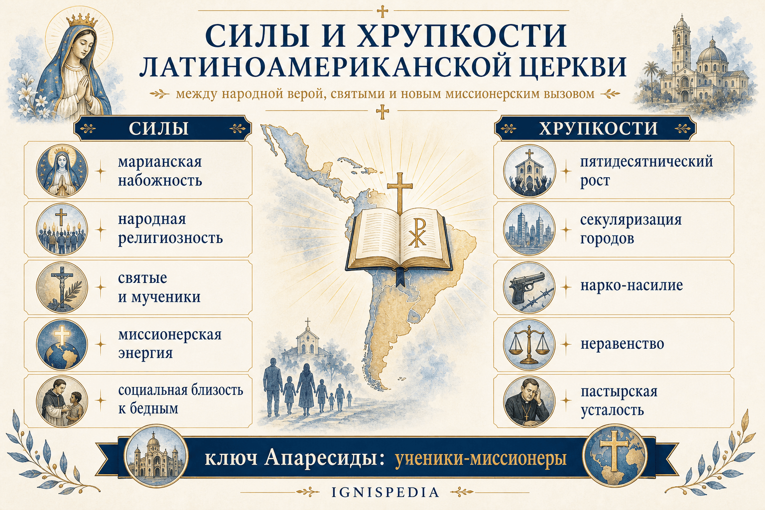 Инфографика в две колонки, представляющая сильные и слабые стороны современной латиноамериканской церкви.