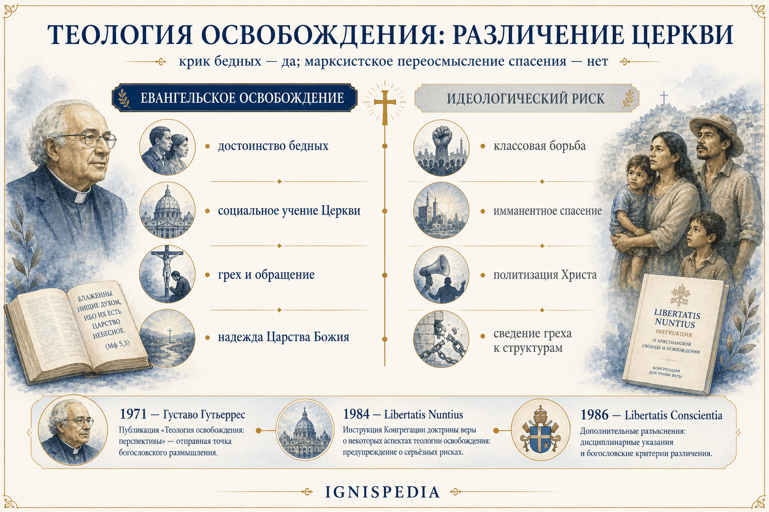 Аналитическая инфографика о теологии освобождения, ее течениях и римской проницательности