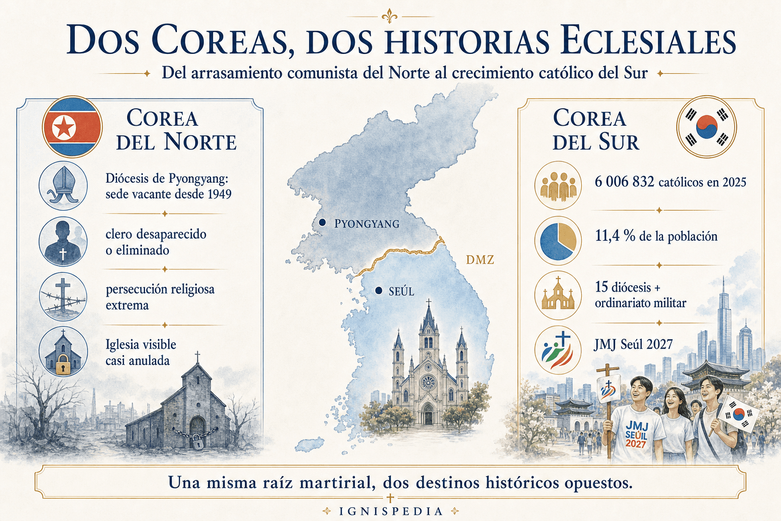 Infografía comparando la situación católica en Corea del Norte y en Corea del Sur
