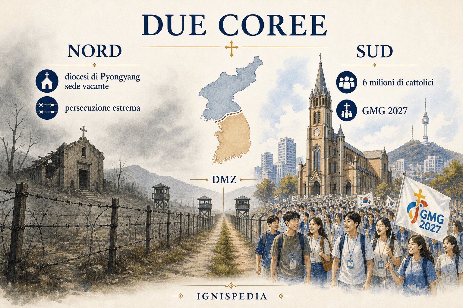 Infografica che confronta la situazione cattolica in Corea del Nord e in Corea del Sud