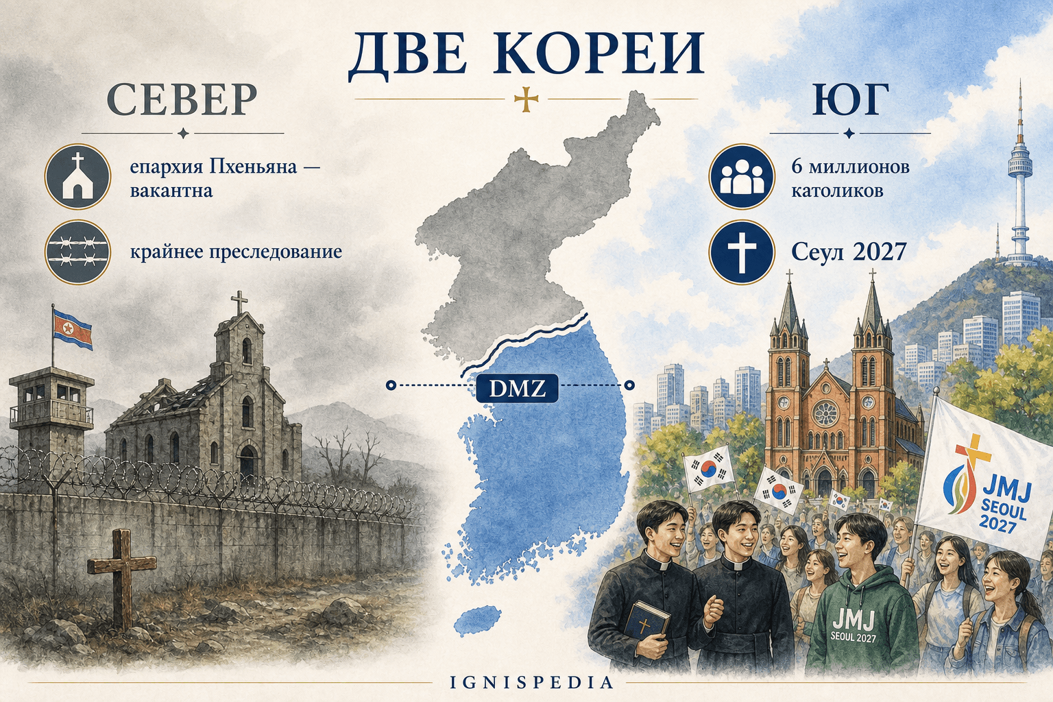 Инфографика, сравнивающая положение католиков в Северной и Южной Корее