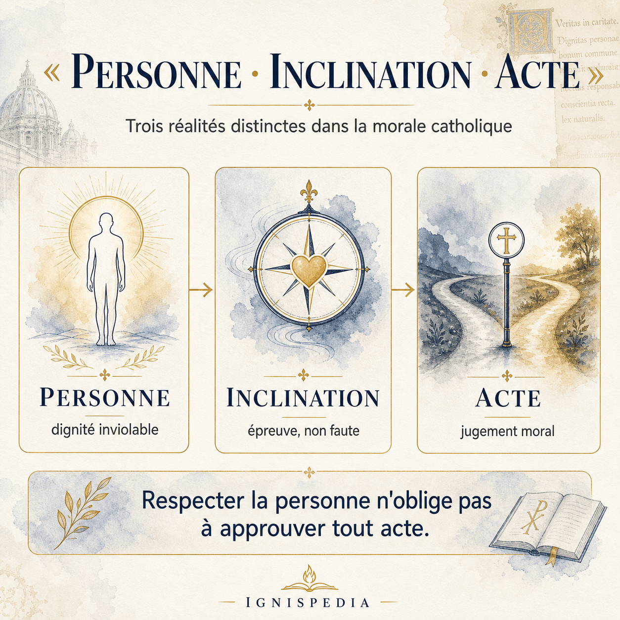 Infographie Ignispedia expliquant la distinction catholique entre personne, inclination et acte