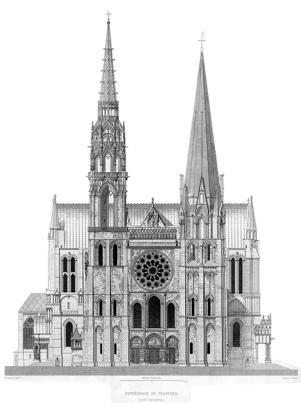 Architectural engraving of the western facade of Notre-Dame de Chartres Cathedral