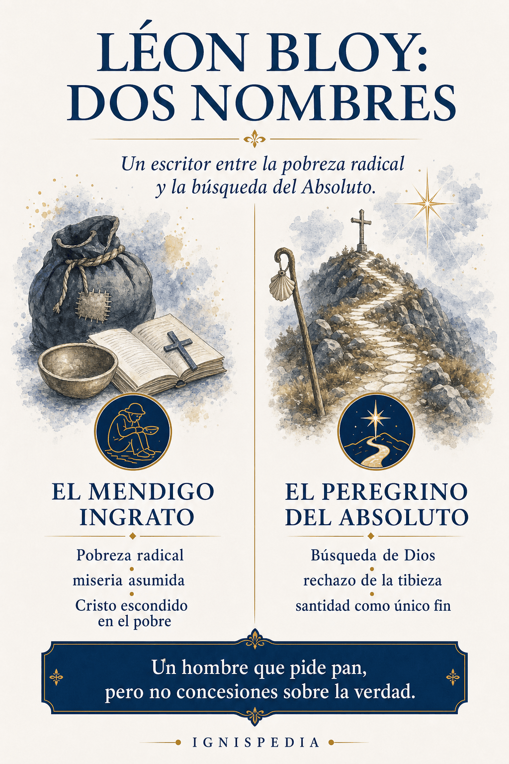 Infografía Ignispedia sobre los dos sobrenombres de Léon Bloy: el mendigo ingrato y el peregrino del Absoluto